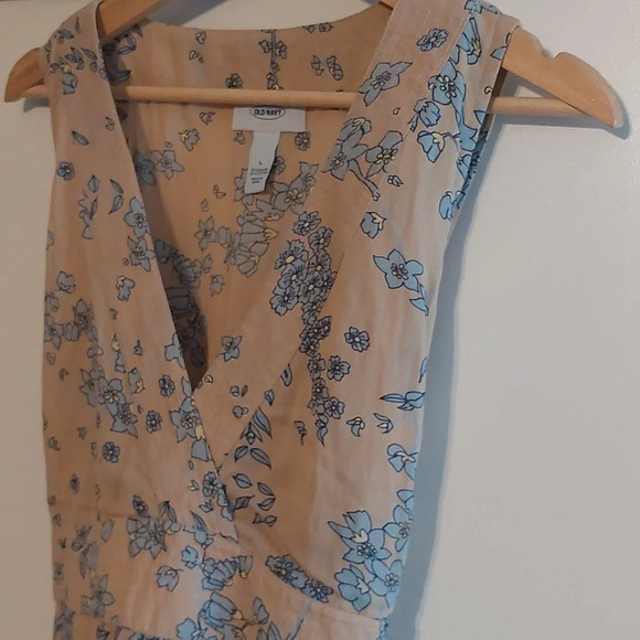 Vintage Cottagecore V neck floral pattern sleeveless top blouse tan blue L - Picture 3 of 5